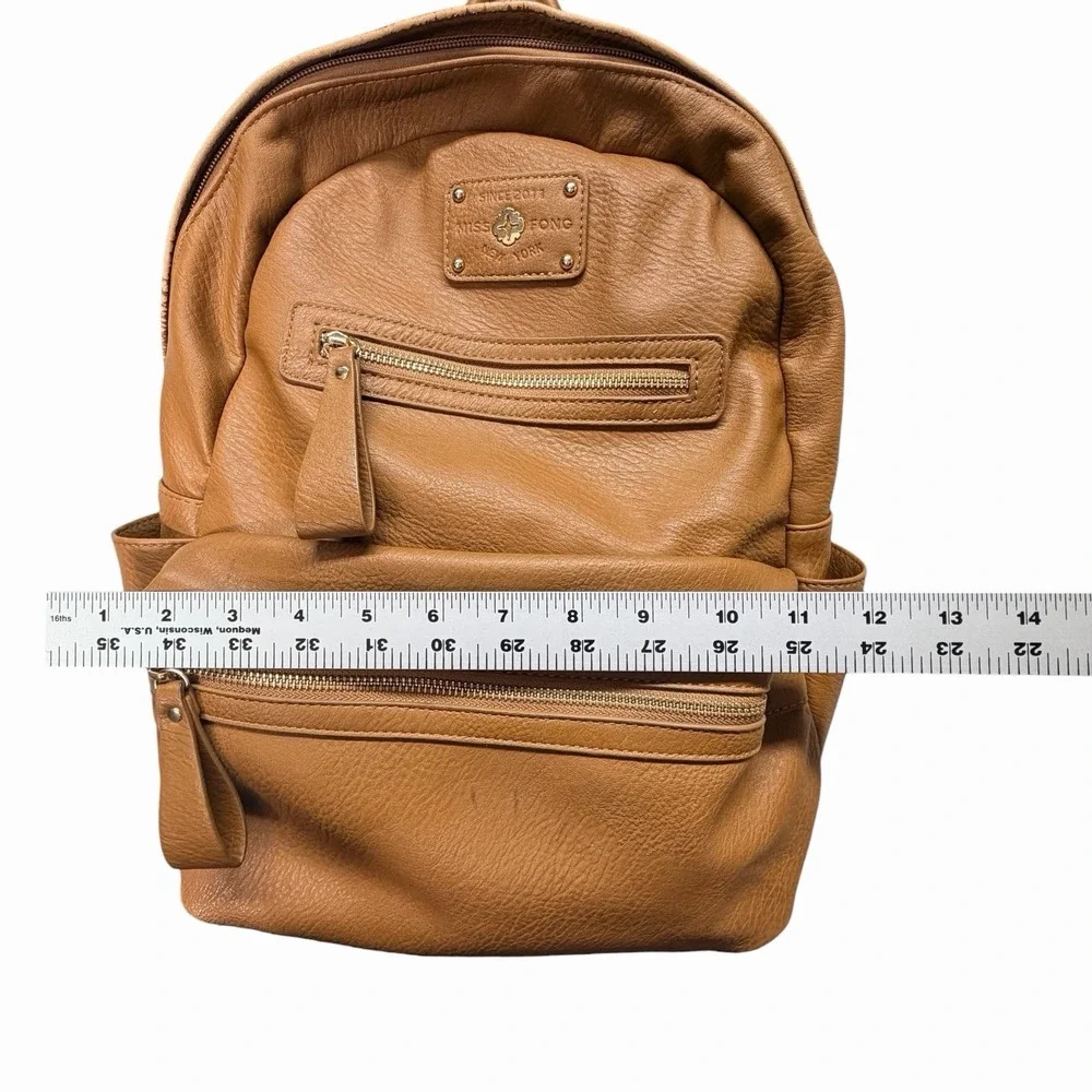 Miss Fong Brown Faux Leather Backpack Diaper Bag Multi Pocket Striped Lining